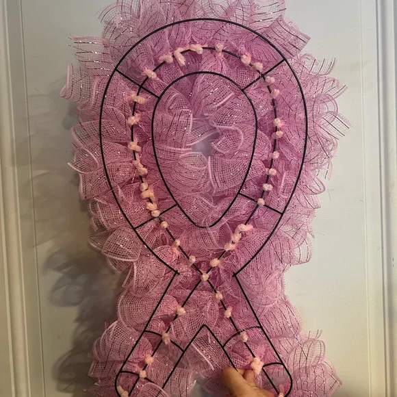 Breast cancer Pink Mesh Ribbon Wreath- handmade - Picture 6 of 8